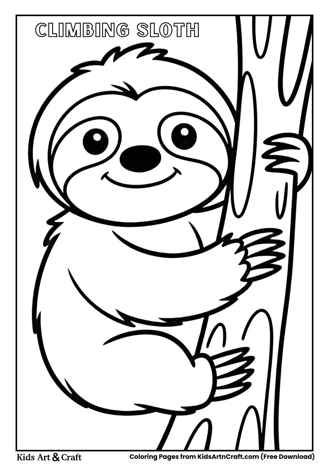 Cartoon sloth slowly climbing a tree trunk
