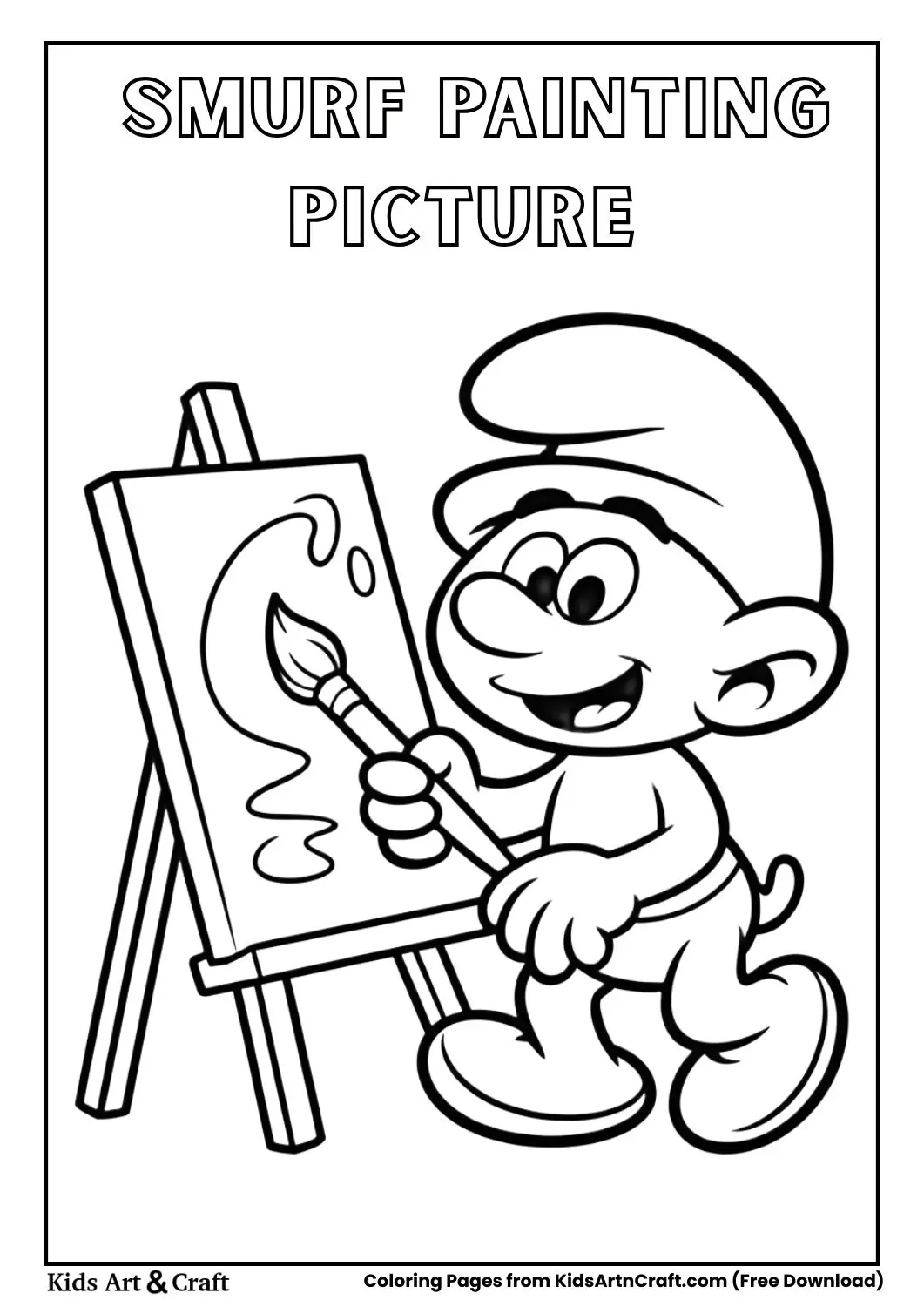 smurf painting on easel black and white coloring page for kids