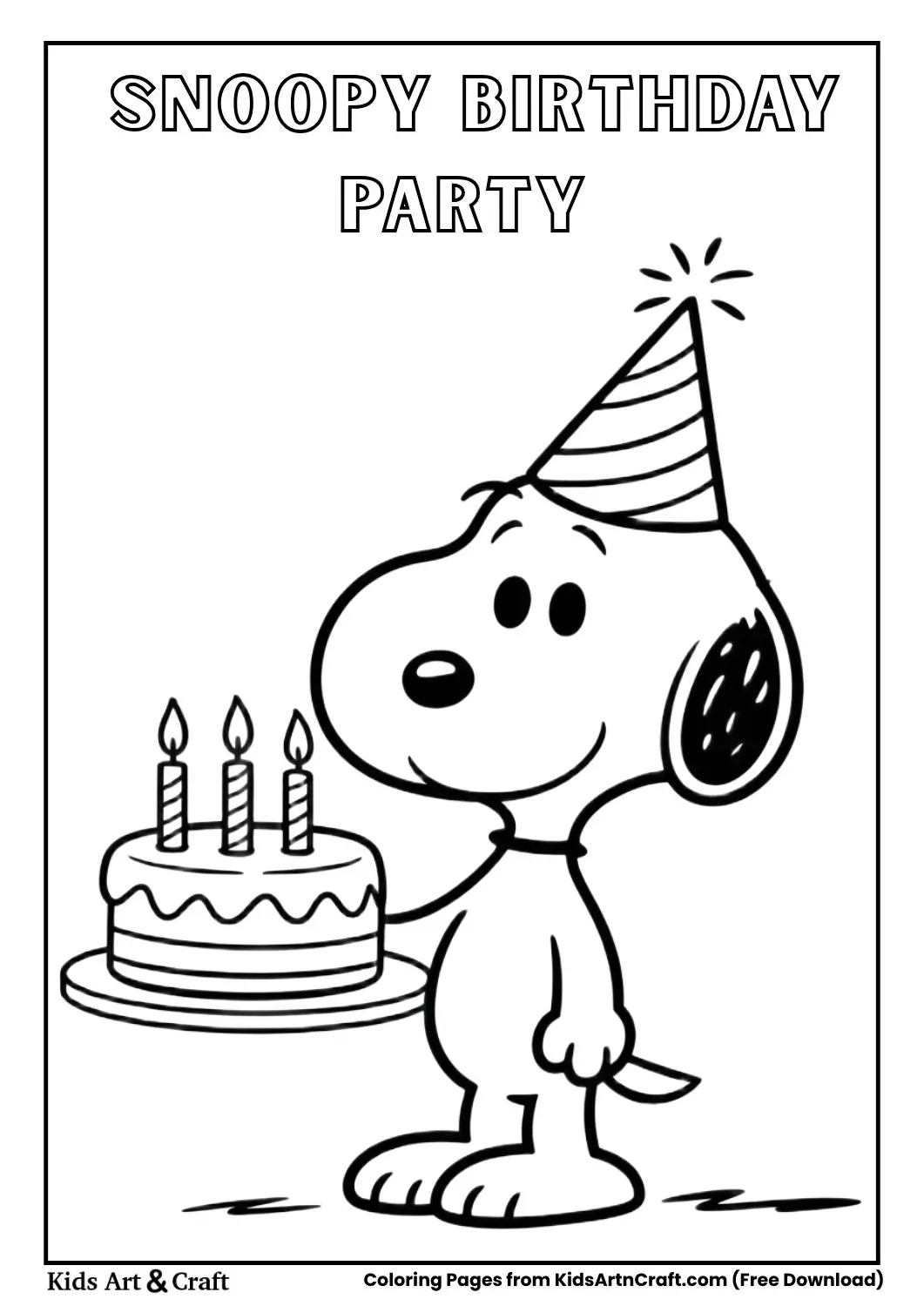 Snoopy birthday hat cake coloring page