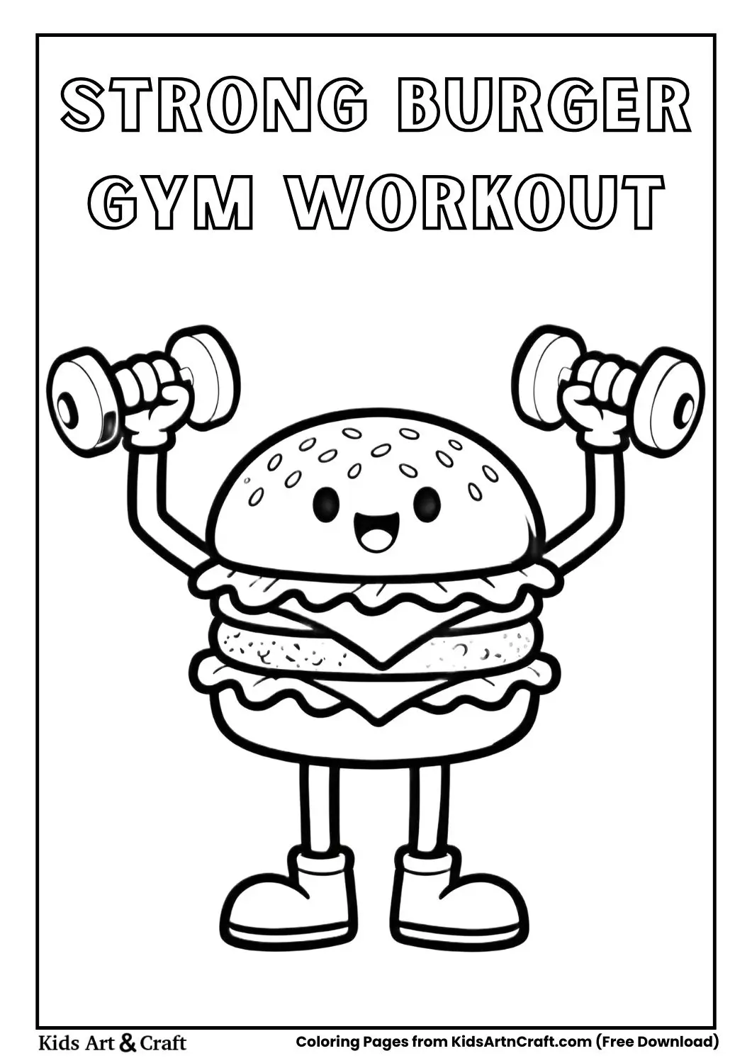 Cartoon burger lifting dumbbells at gym coloring page