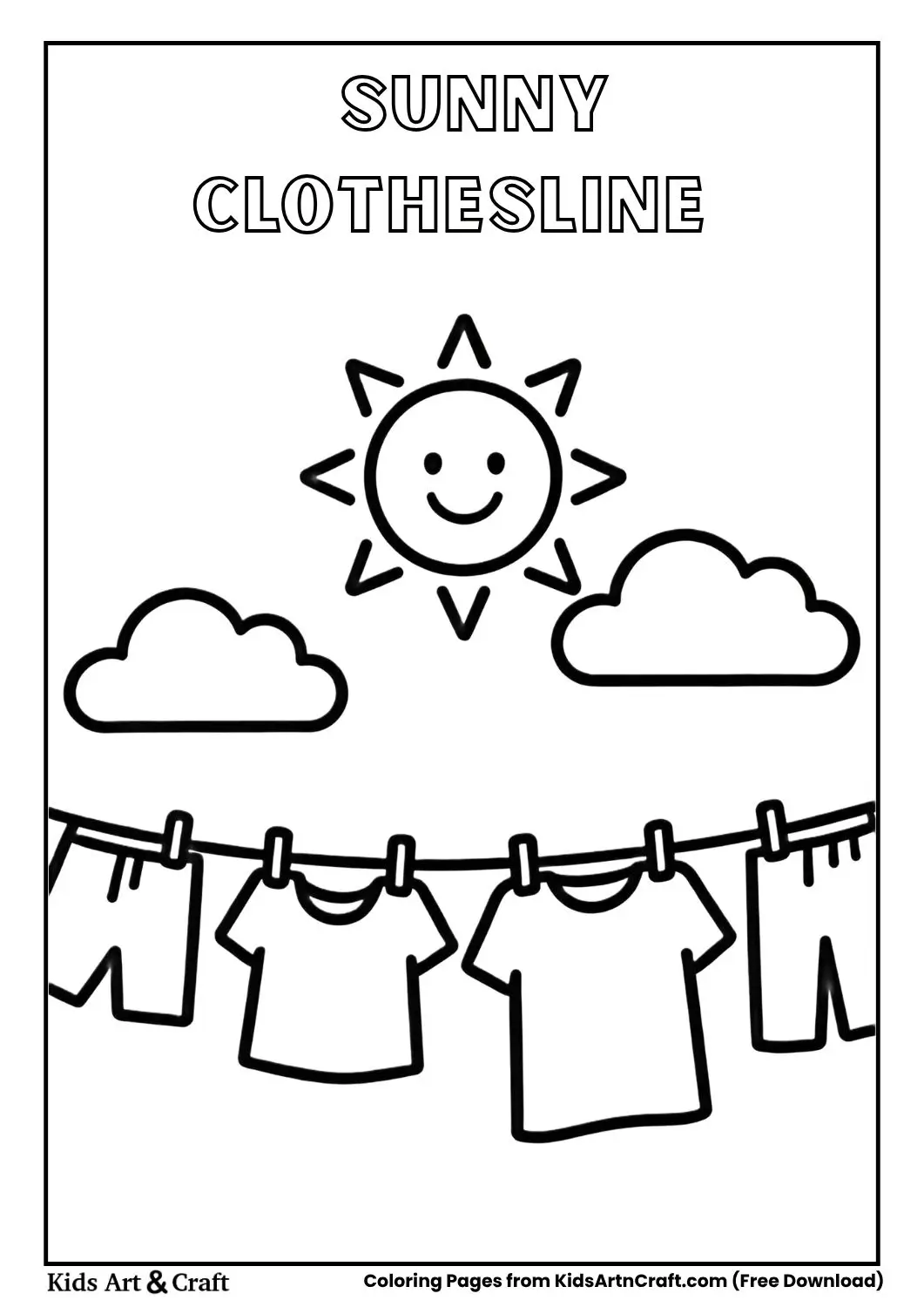 Happy sun shining over clothes drying on line coloring page