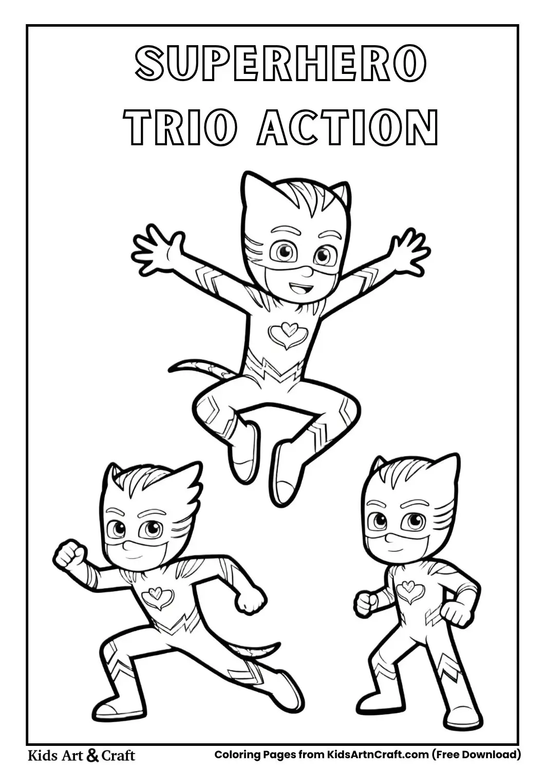 Three masked superhero characters in action poses coloring page