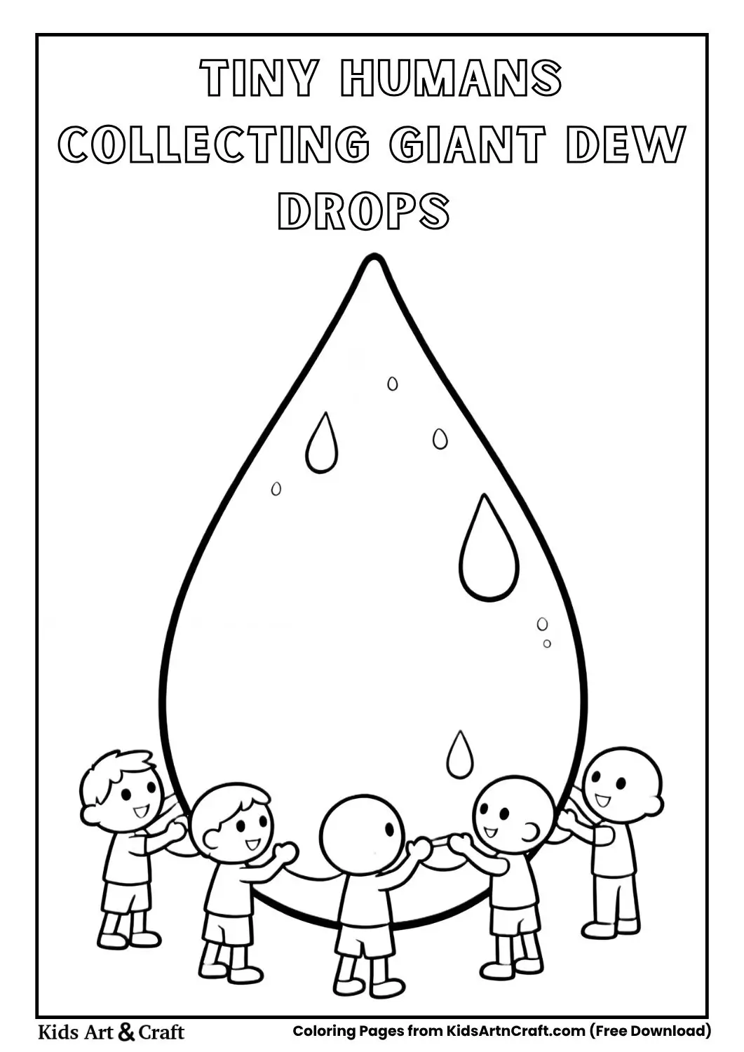 Tiny humans collecting giant dew drops coloring page