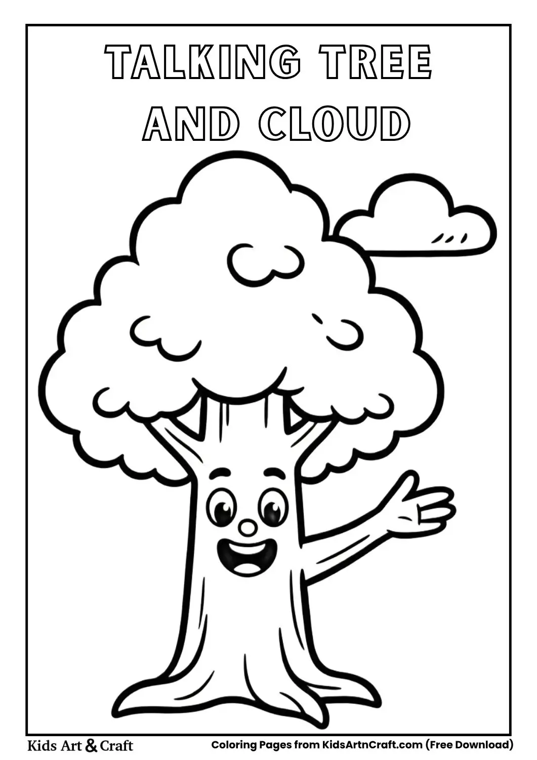 Smiling tree talking to a cloud coloring page for kids