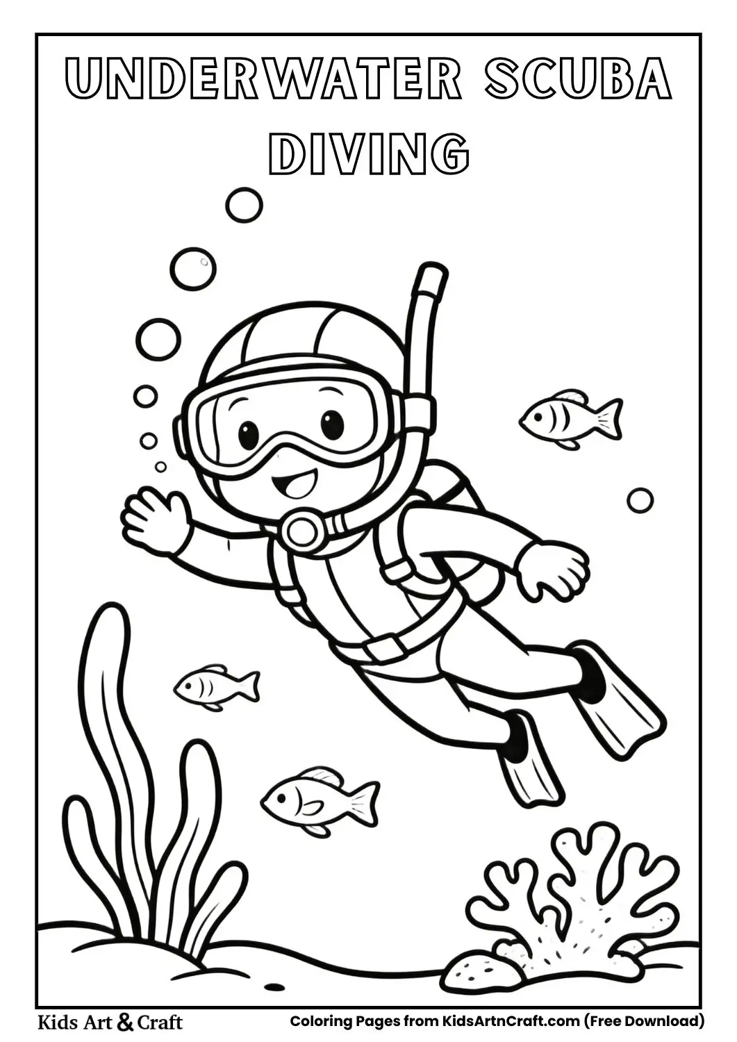 Diver swimming with fish and coral reef simple outline drawing.