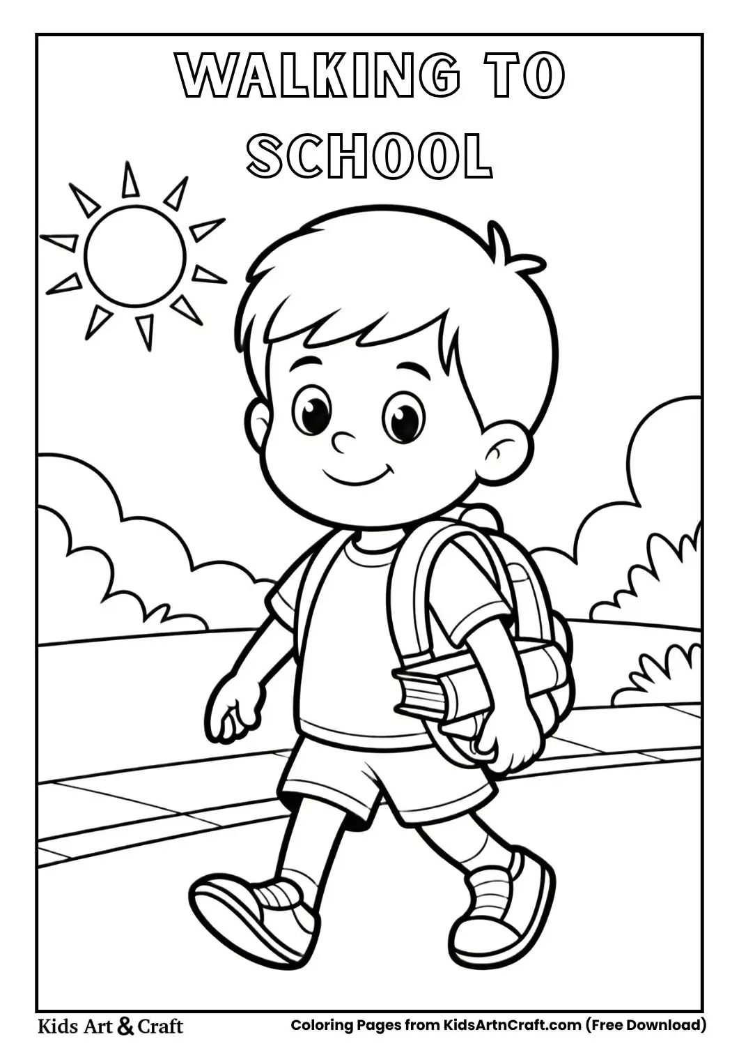 child walking to school with backpack simple coloring page for kids