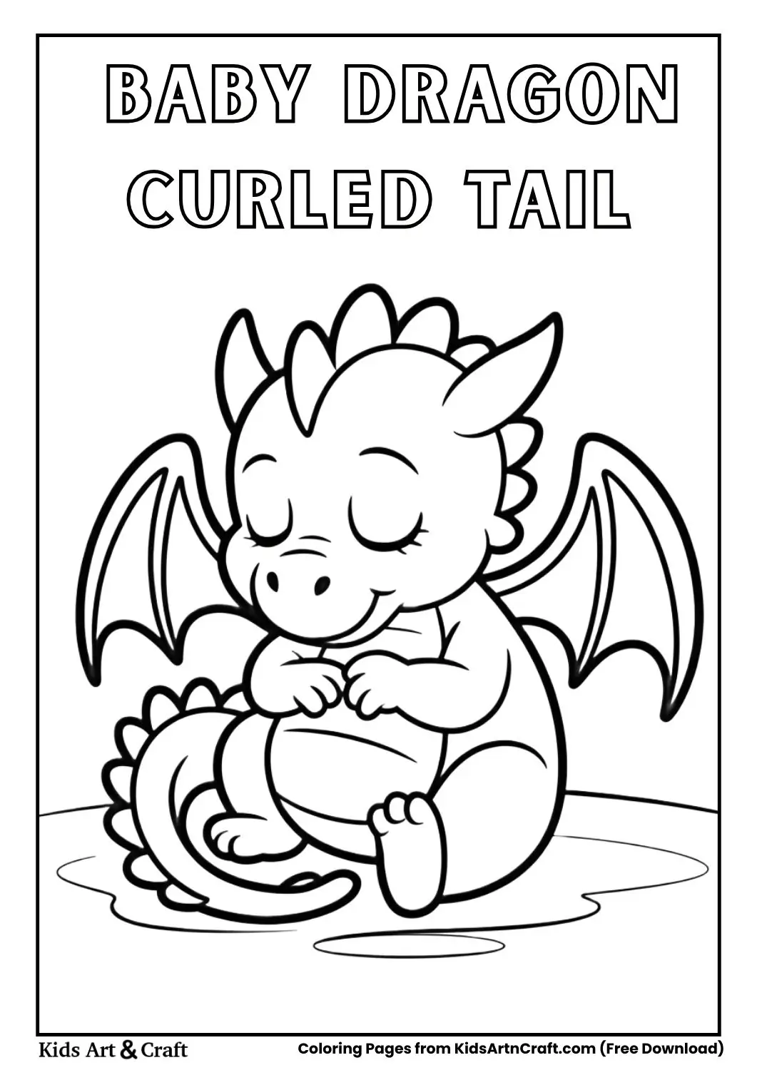 Baby dragon sleeping while hugging its curled tail coloring page