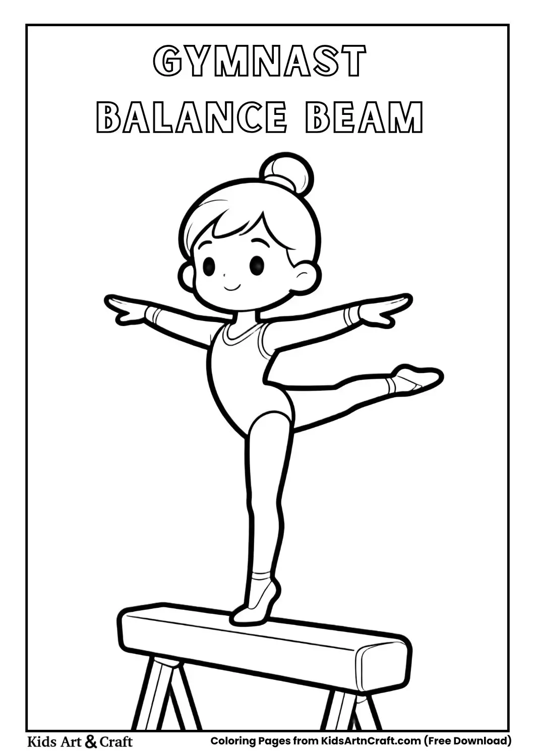 gymnast balancing on beam black and white coloring page for kids
