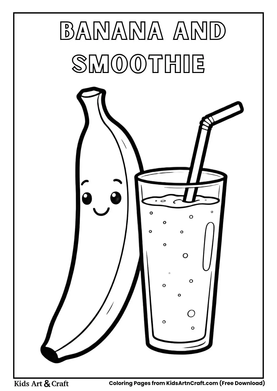 Cartoon banana standing beside a smoothie glass line drawing.