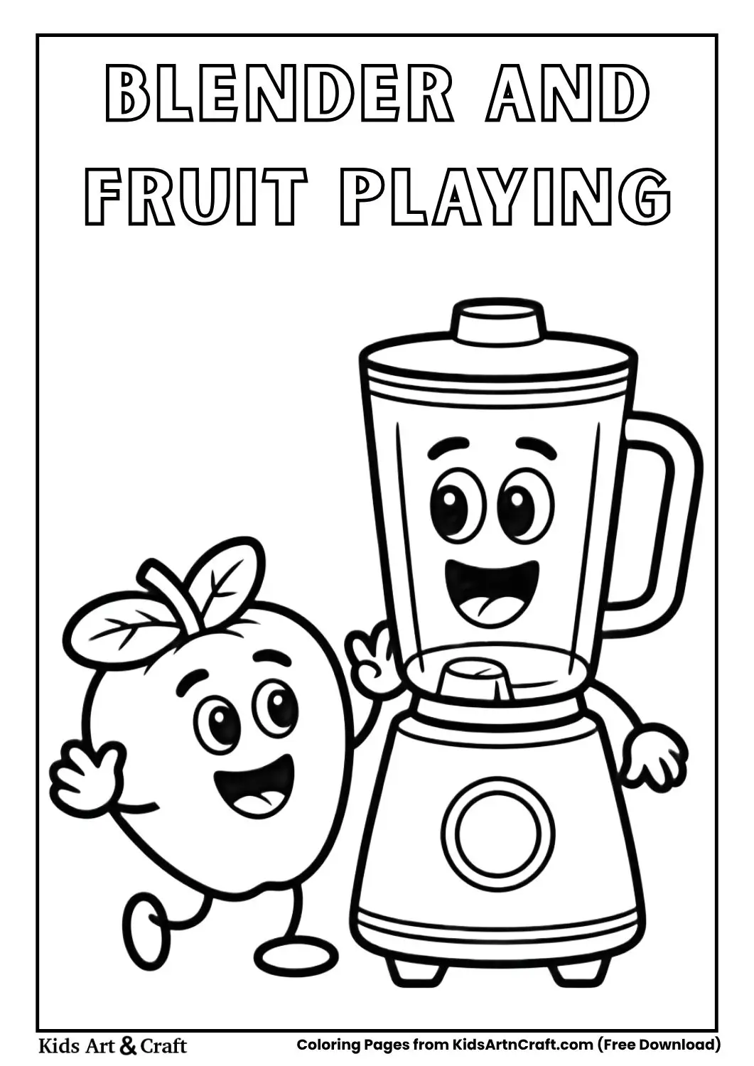 Happy blender playing with fruit black and white kids coloring page