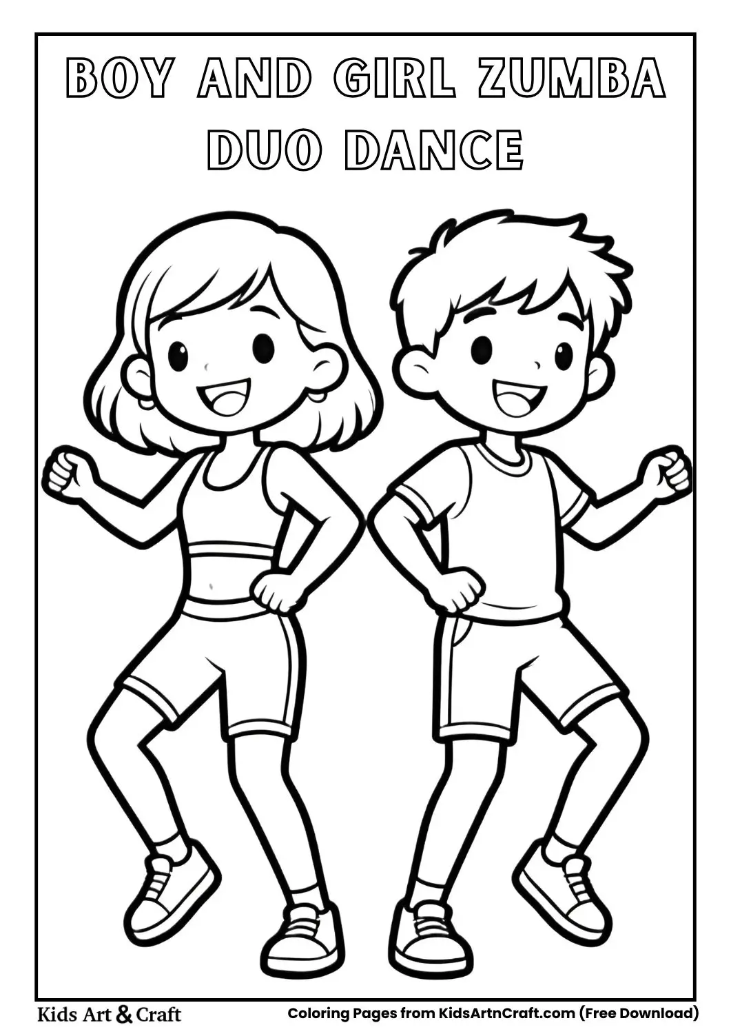 Boy and girl dancing Zumba together coloring page for kids