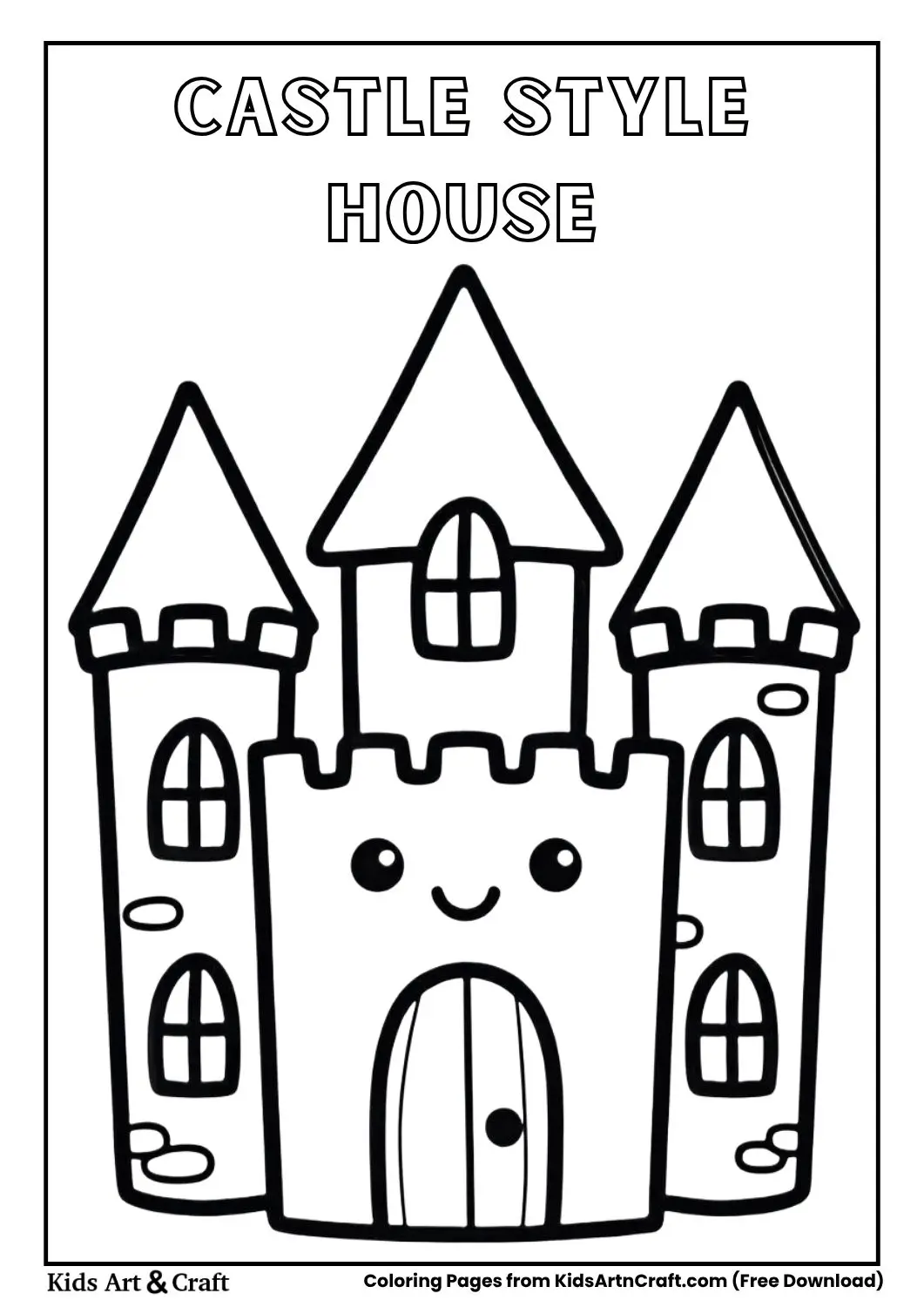 simple castle style house with smiling face black and white coloring page for kids