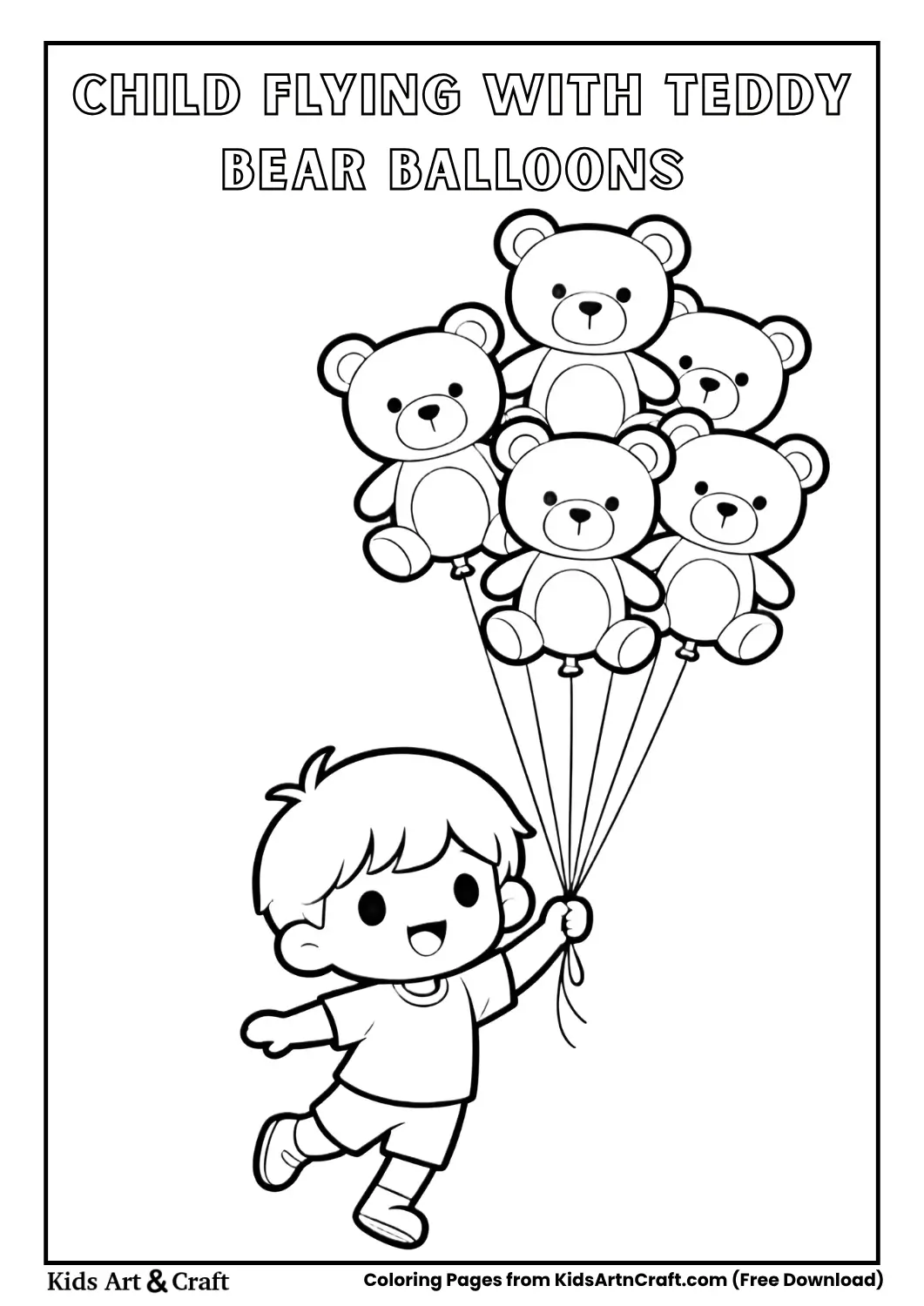 child flying in the sky with teddy bear shaped balloons black and white coloring page for kids