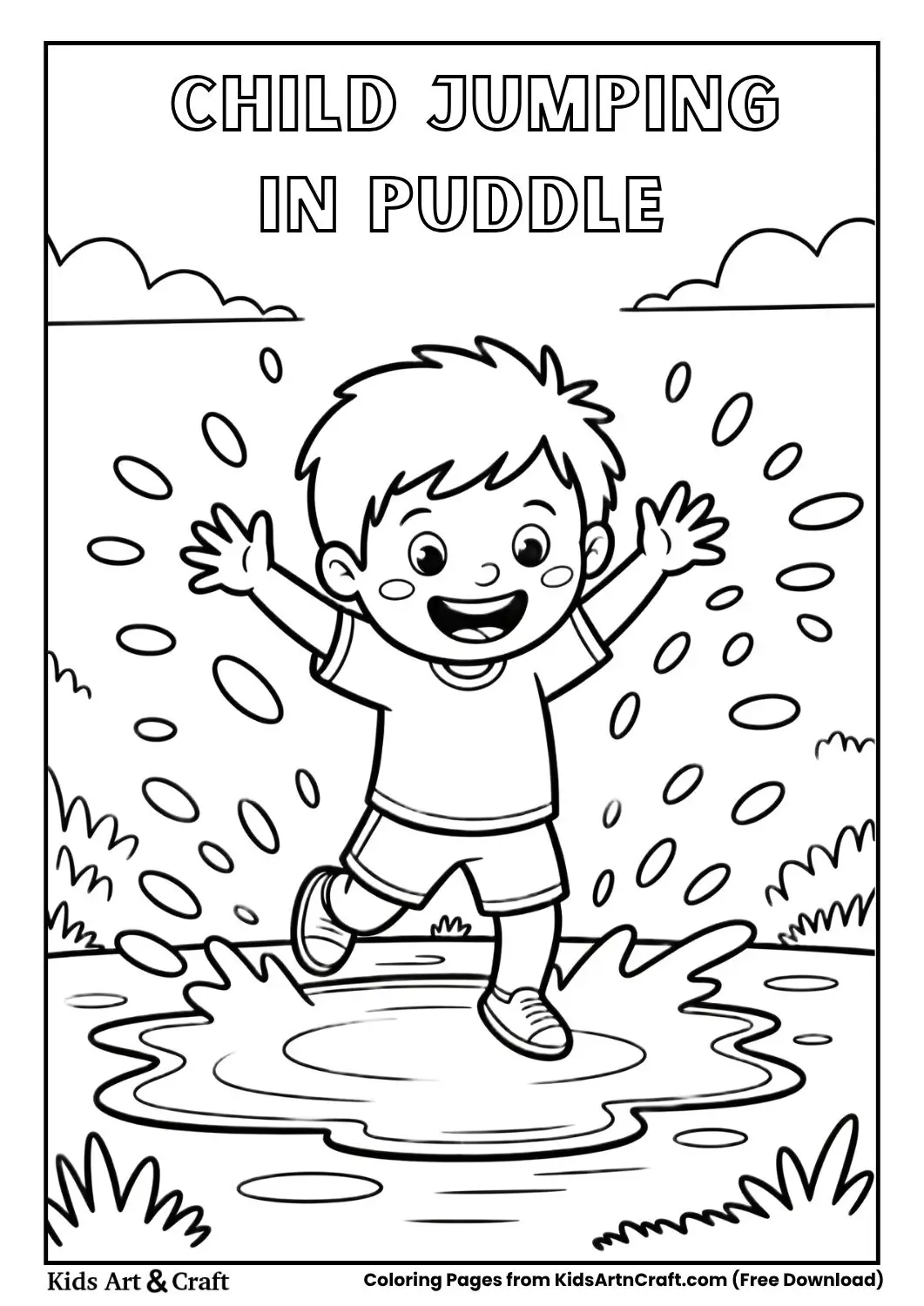 child jumping in a water puddle black and white coloring page for kids