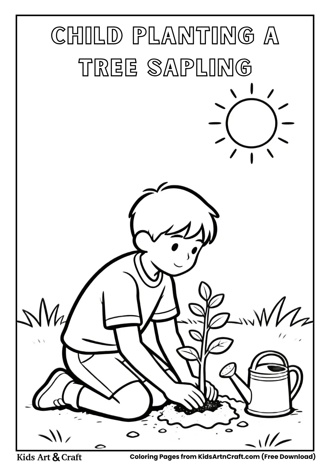 Boy planting a small tree sapling with a shovel in garden
