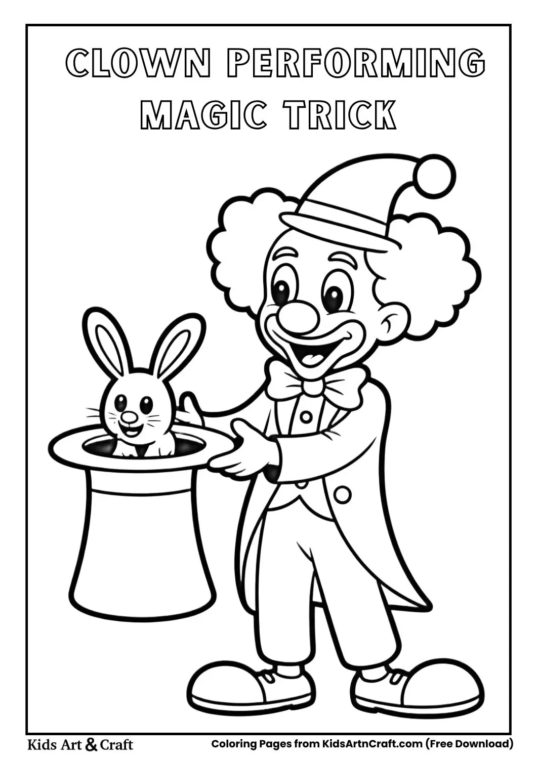 Black and white coloring page of a clown pulling a rabbit from a magic hat.