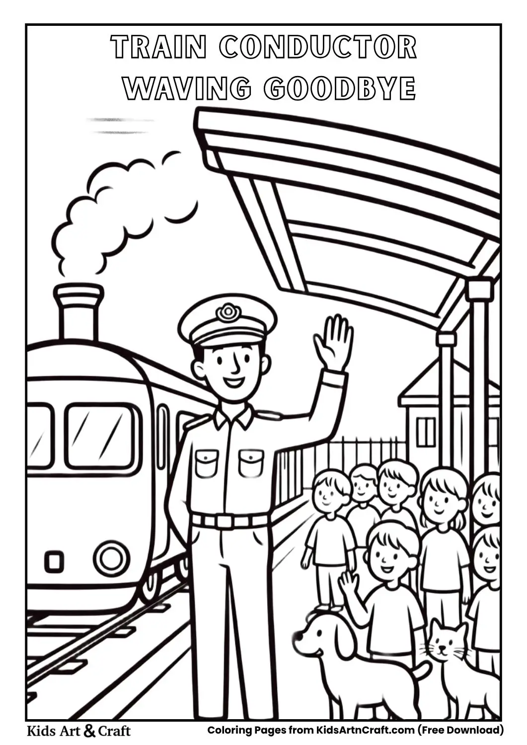 Conductor waving with children and pets watching