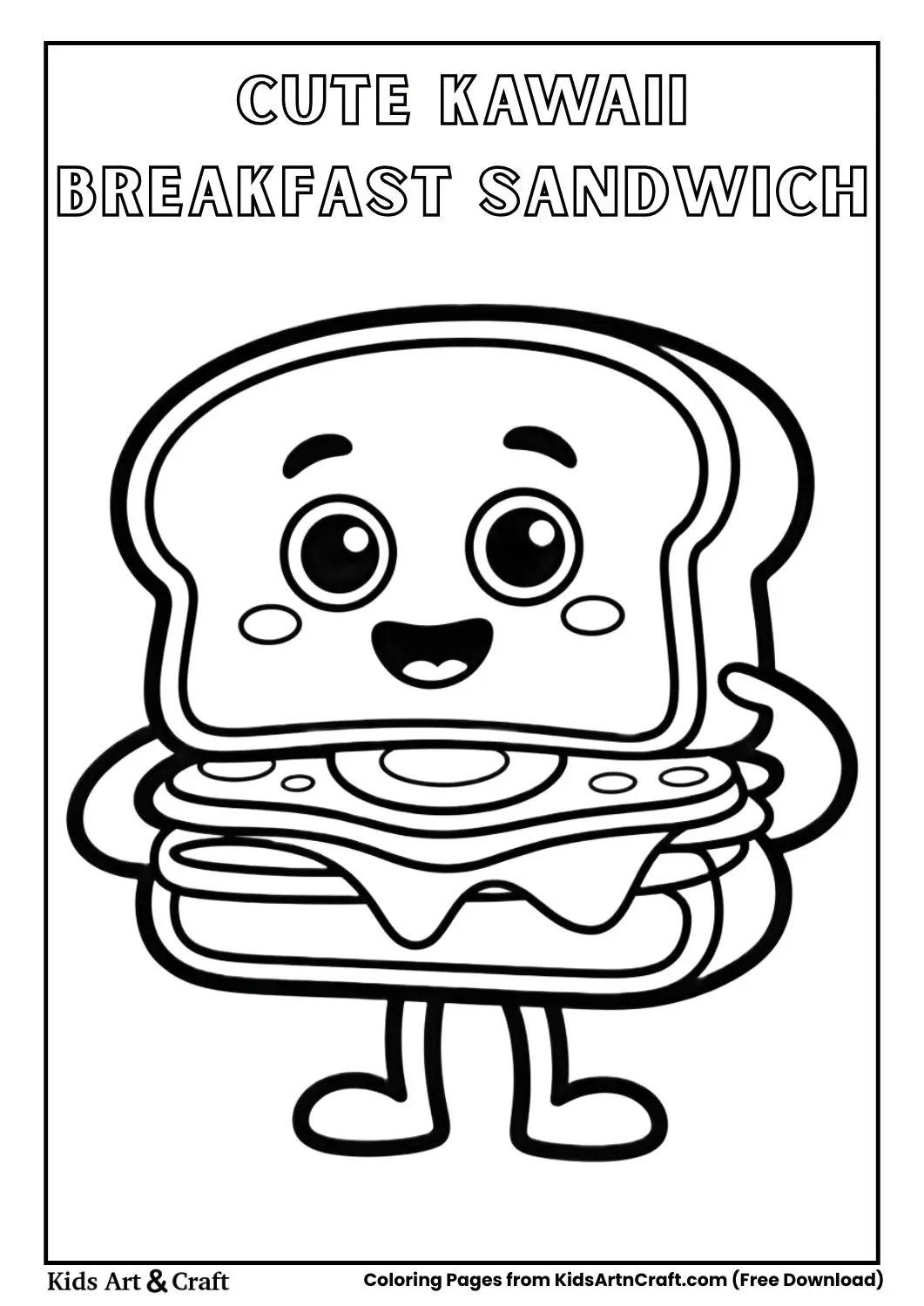 Cute breakfast sandwich with smiling face black and white coloring page