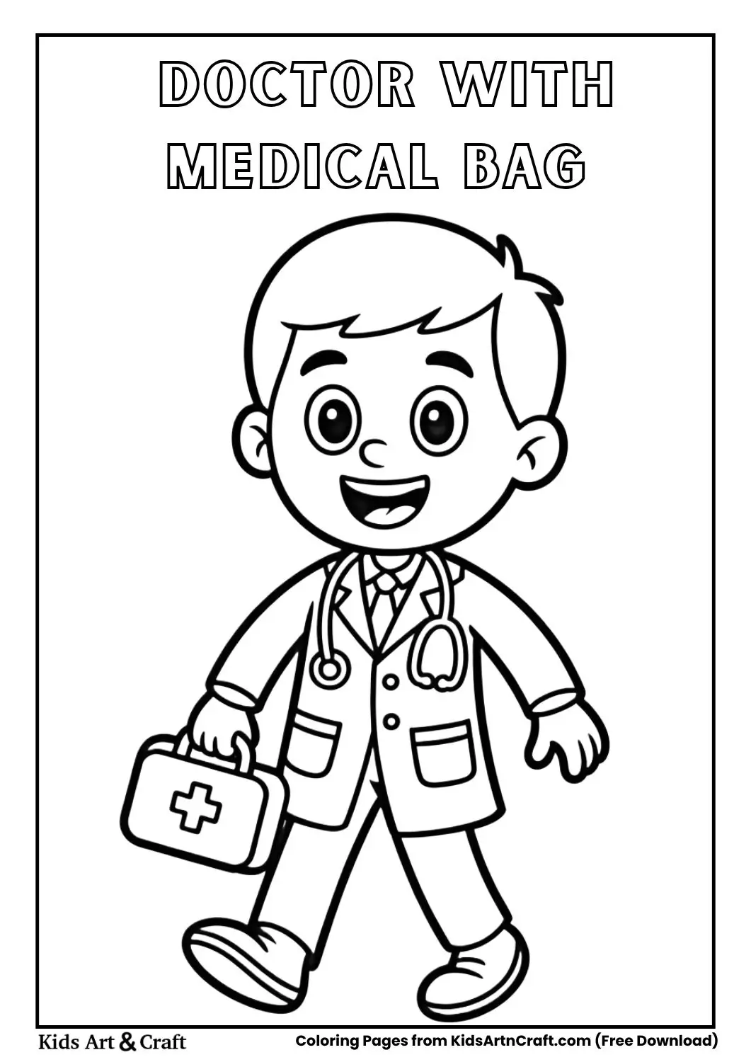 cartoon doctor carrying medical bag and stethoscope coloring page