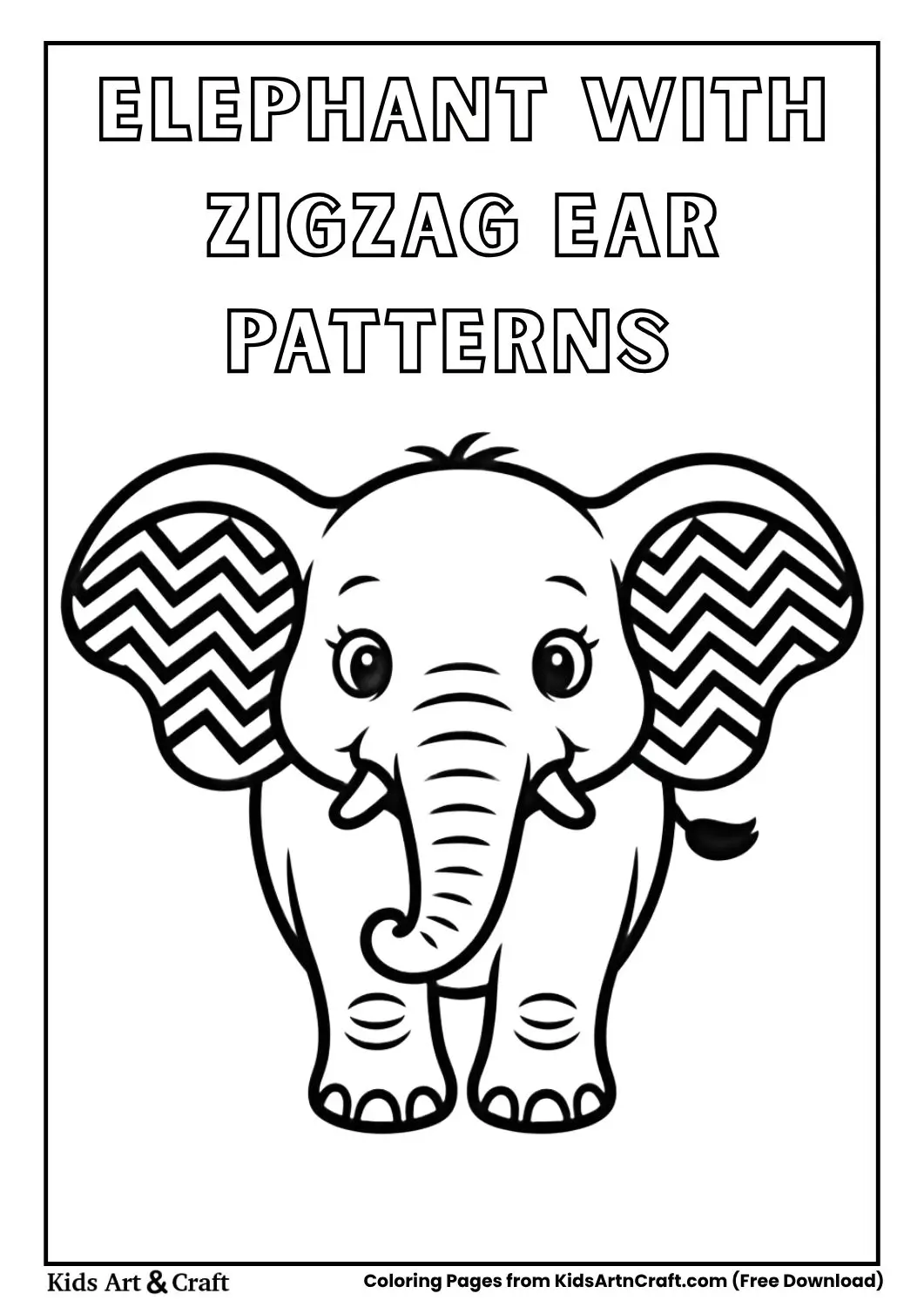 smiling elephant with zigzag ear patterns black and white coloring page for kids