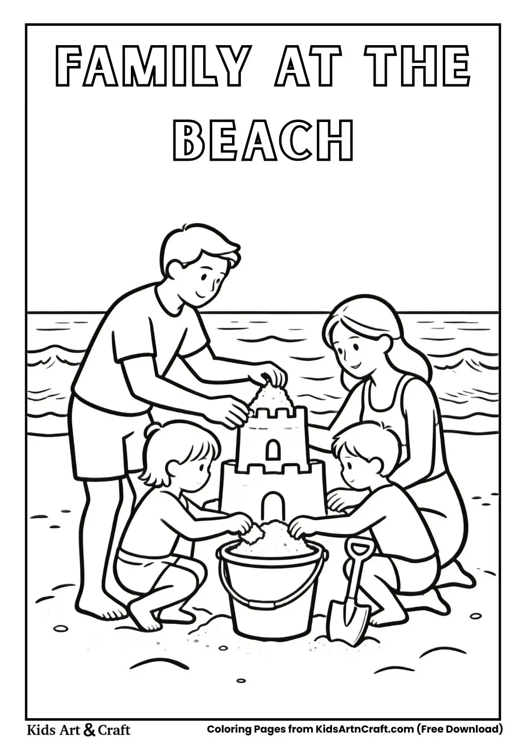 Family building sandcastle at beach black and white coloring page