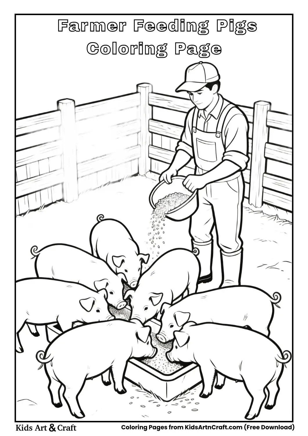 Black and white coloring page of a farmer feeding pigs in a fenced pen.