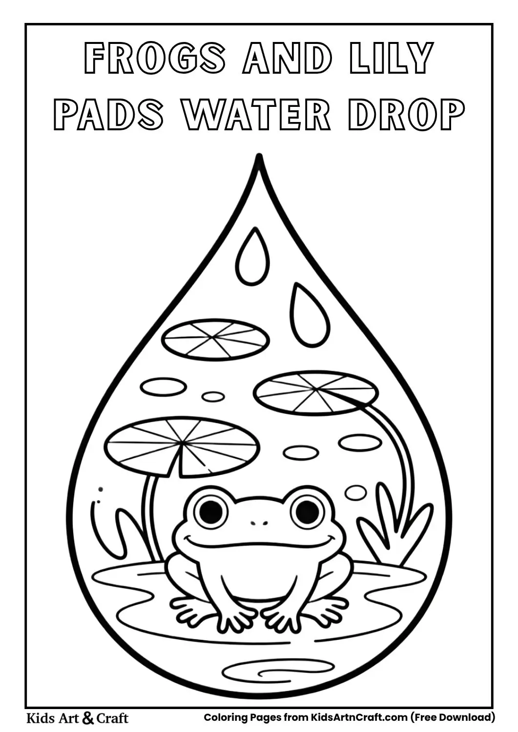 Frogs and lily pads inside a water droplet bold outline coloring page