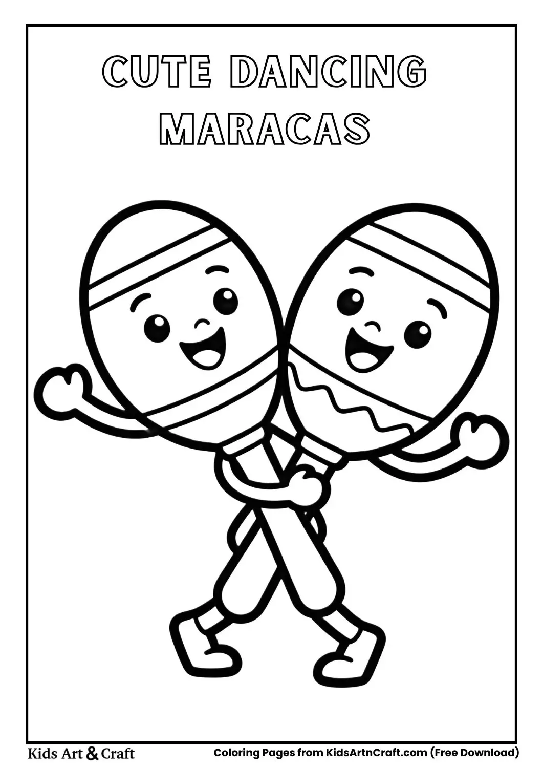 cartoon maracas with smiling faces dancing black and white coloring page