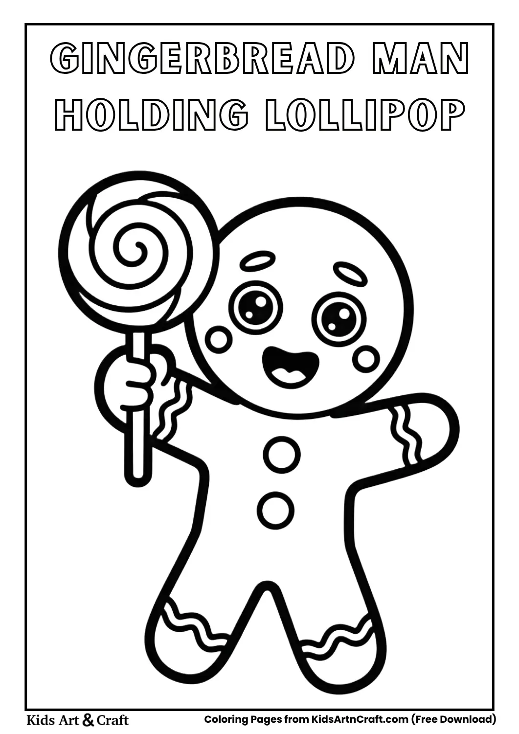 Gingerbread man holding big lollipop simple black and white coloring page