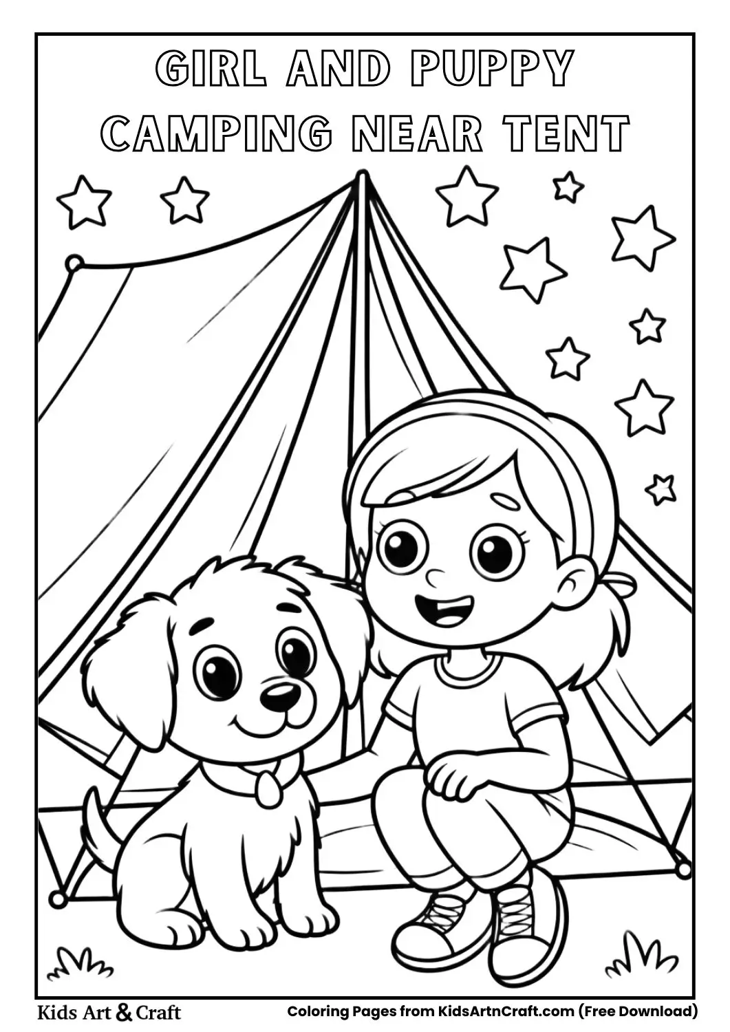 girl camping with puppy near tent coloring page