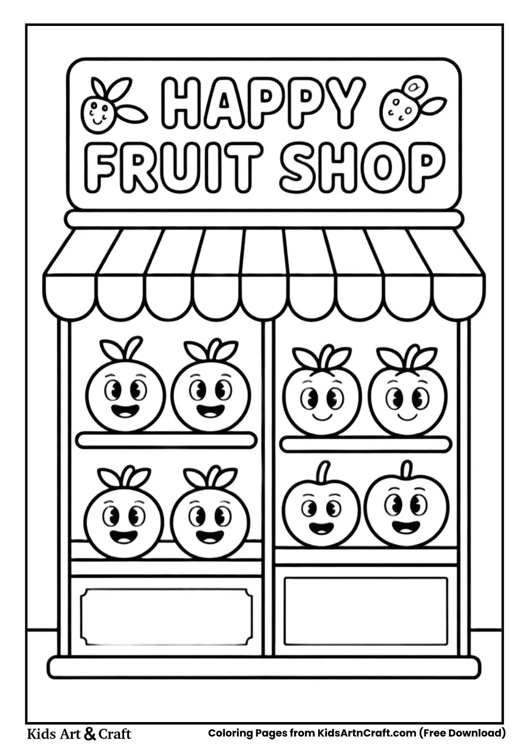 Happy Fruit Shop cartoon style coloring page