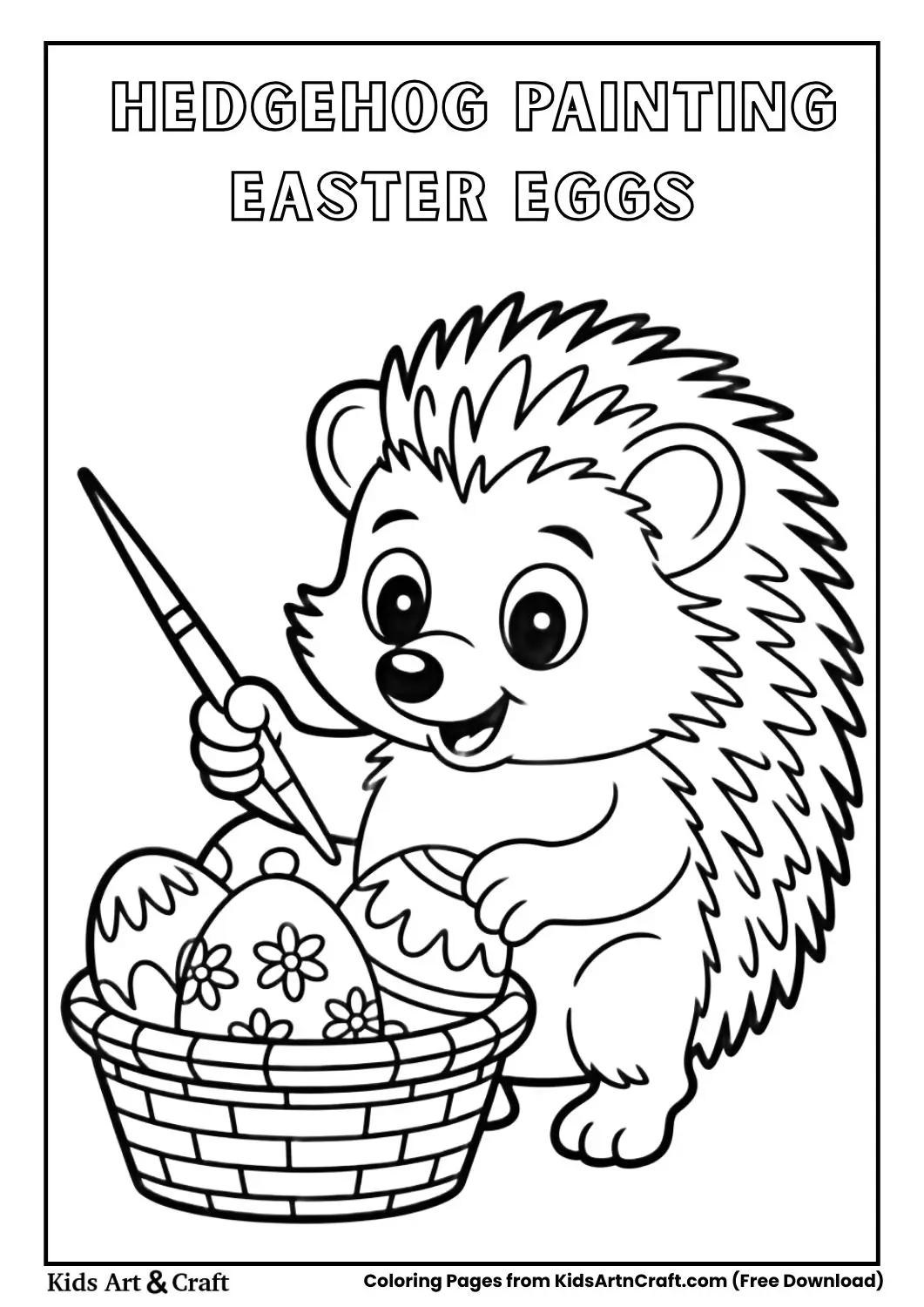 cute hedgehog painting easter eggs black and white kids coloring page