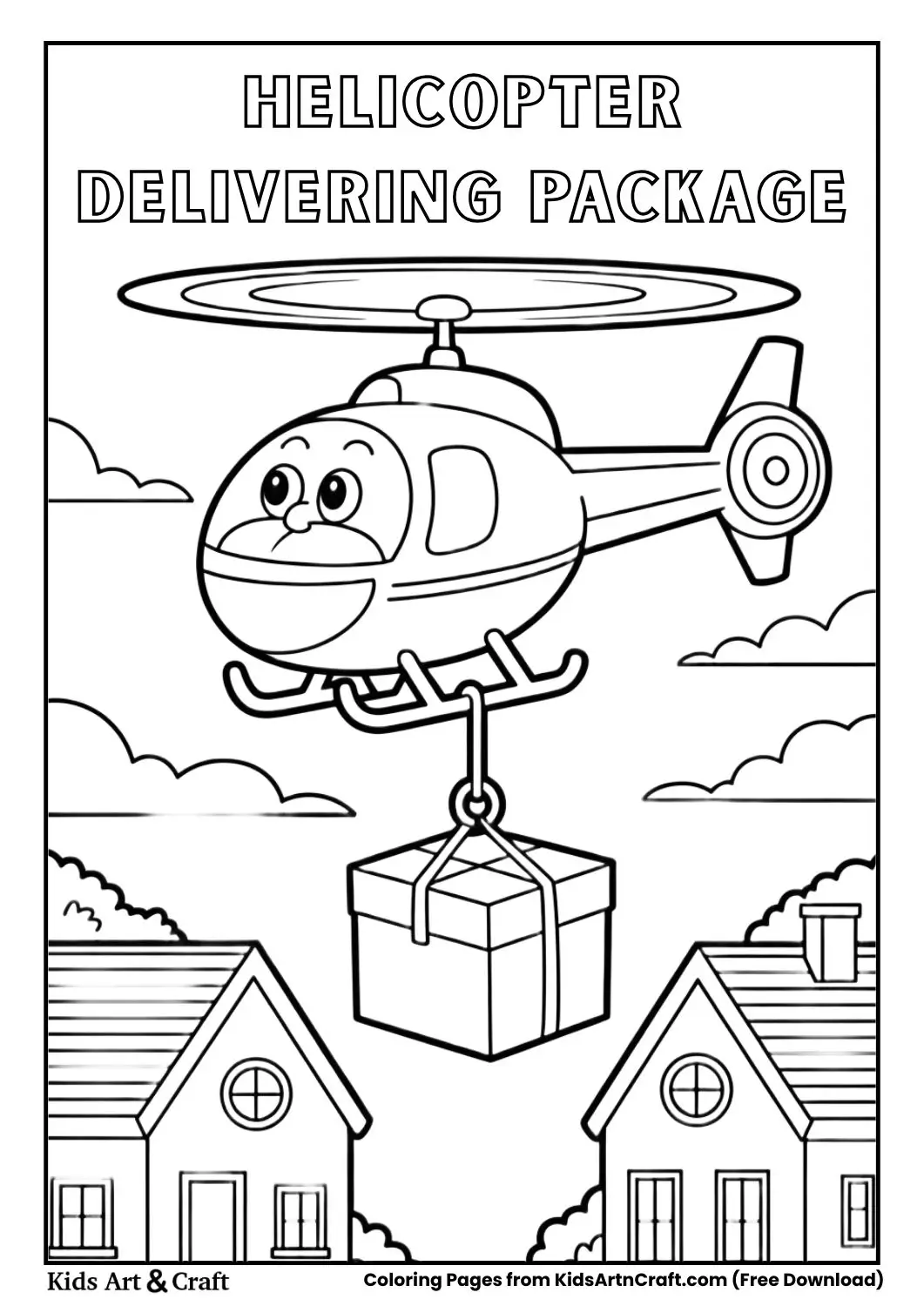 Cartoon helicopter delivering a package with rope above houses black and white coloring page