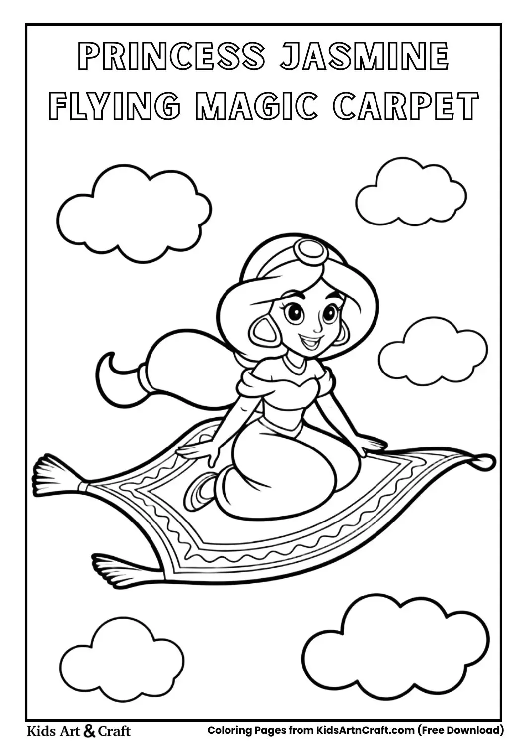 Princess Jasmine flying on a magic carpet black and white coloring page