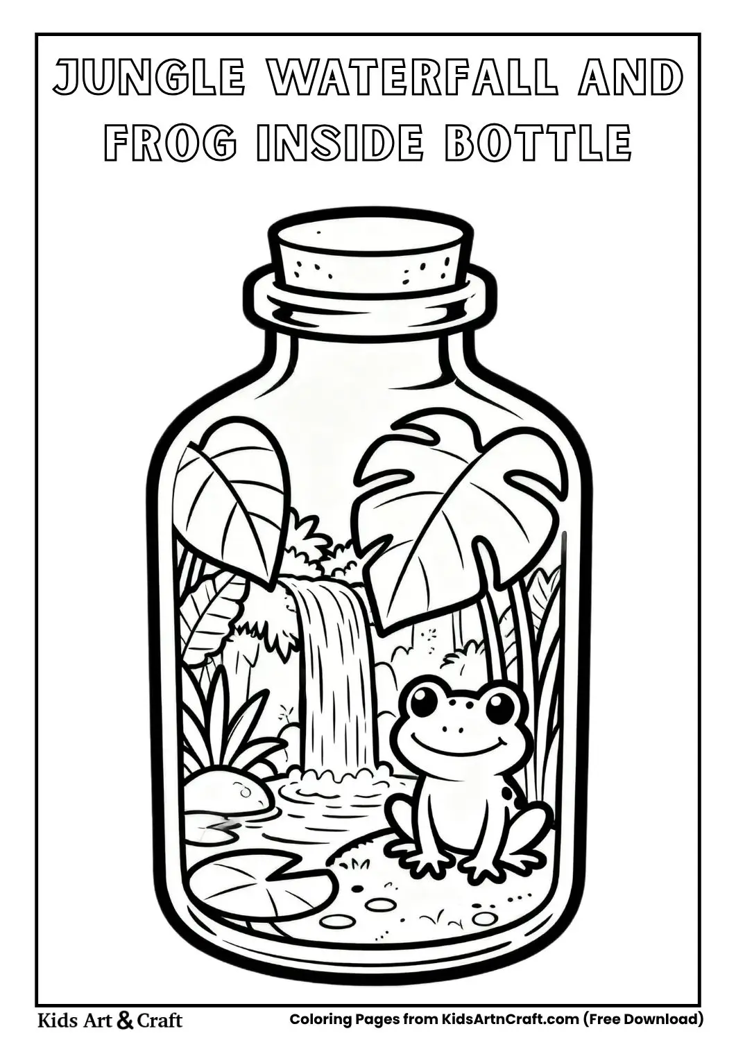 jungle inside bottle waterfall frog black and white coloring page for kids