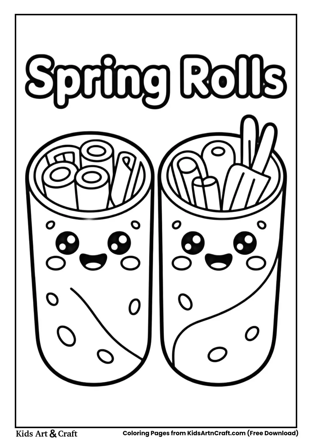 cute spring rolls kawaii black and white coloring page for kids
