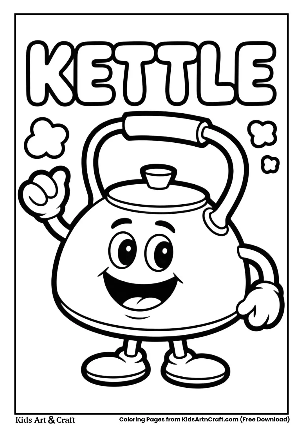 Cartoon kettle black and white coloring page with the word KETTLE on top