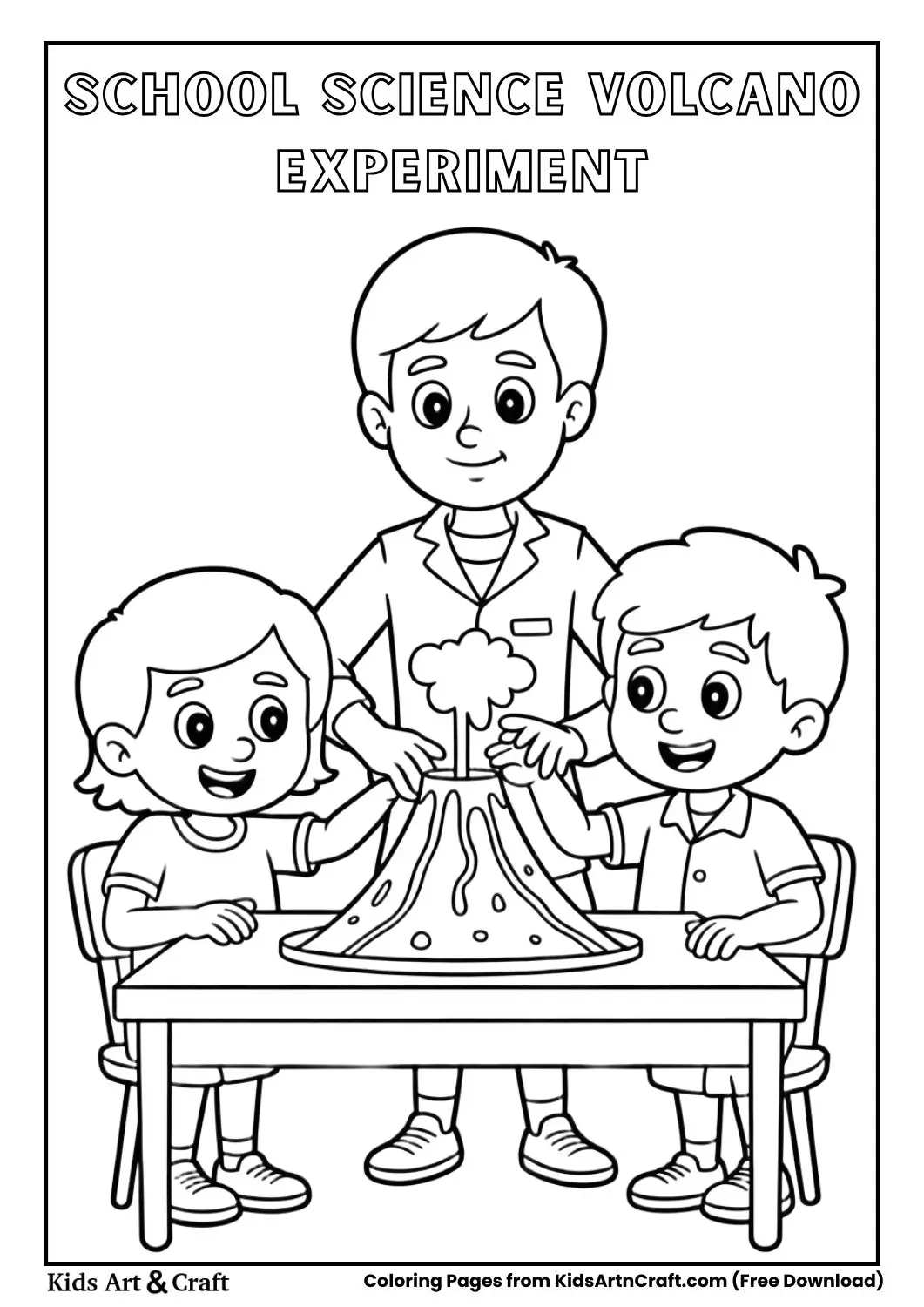 kids doing volcano science experiment coloring page