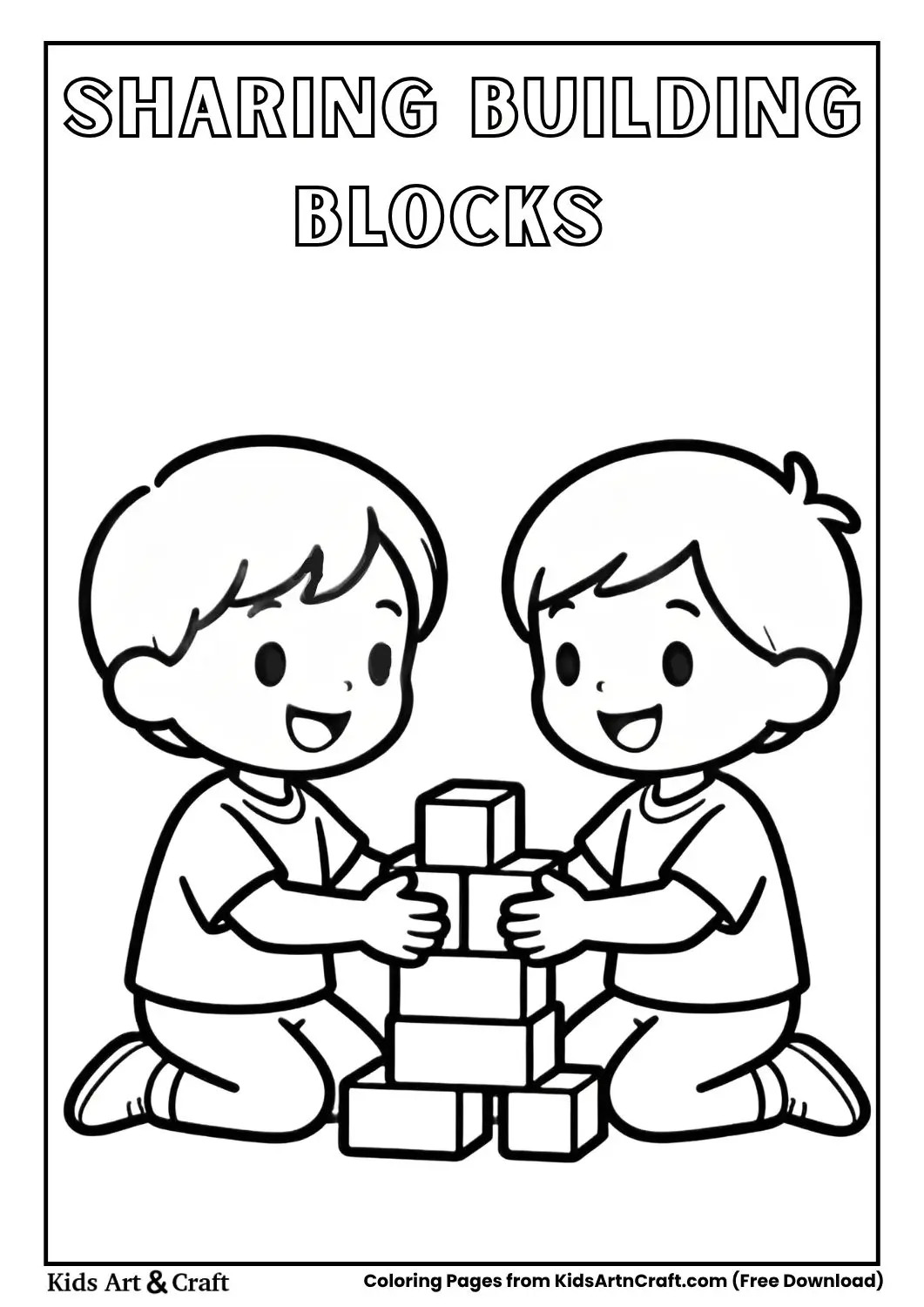 children sharing building blocks simple black and white coloring page