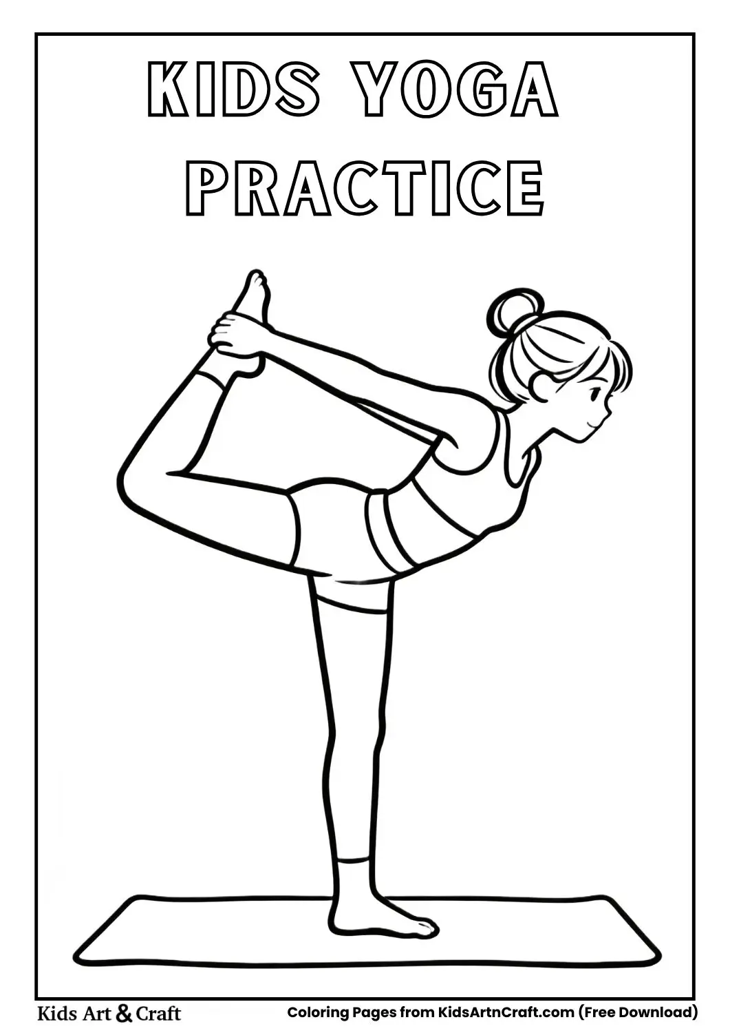Black and white coloring page of a child doing yoga pose