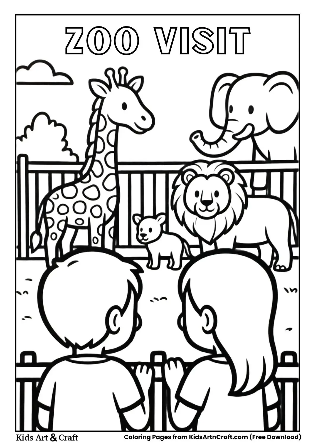 Kids watching animals through zoo fence simple coloring page