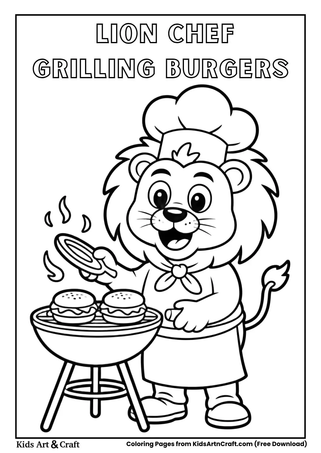 black and white coloring page of a lion chef grilling burgers on a barbecue
