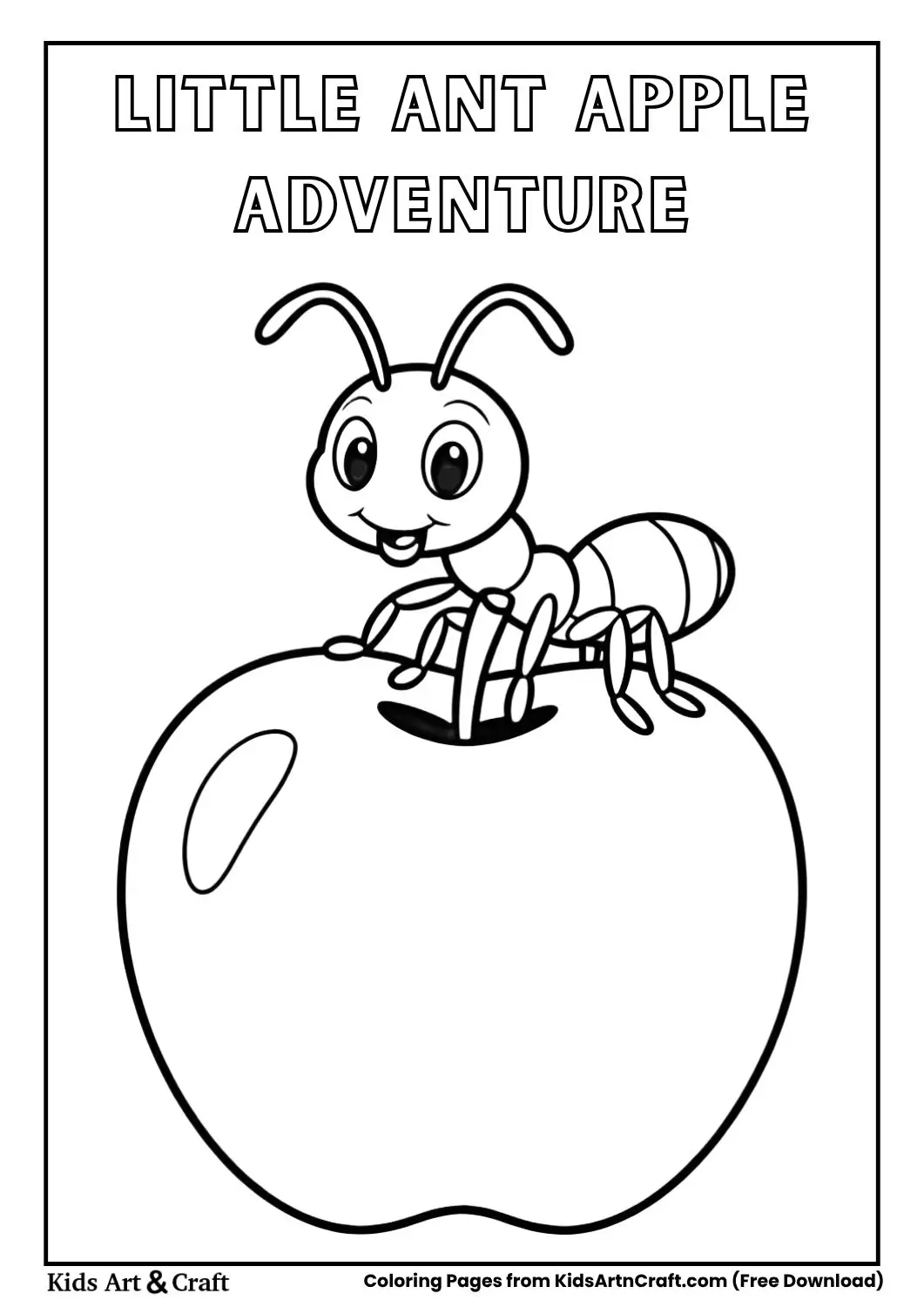 Small ant climbing a big apple black and white kids coloring page