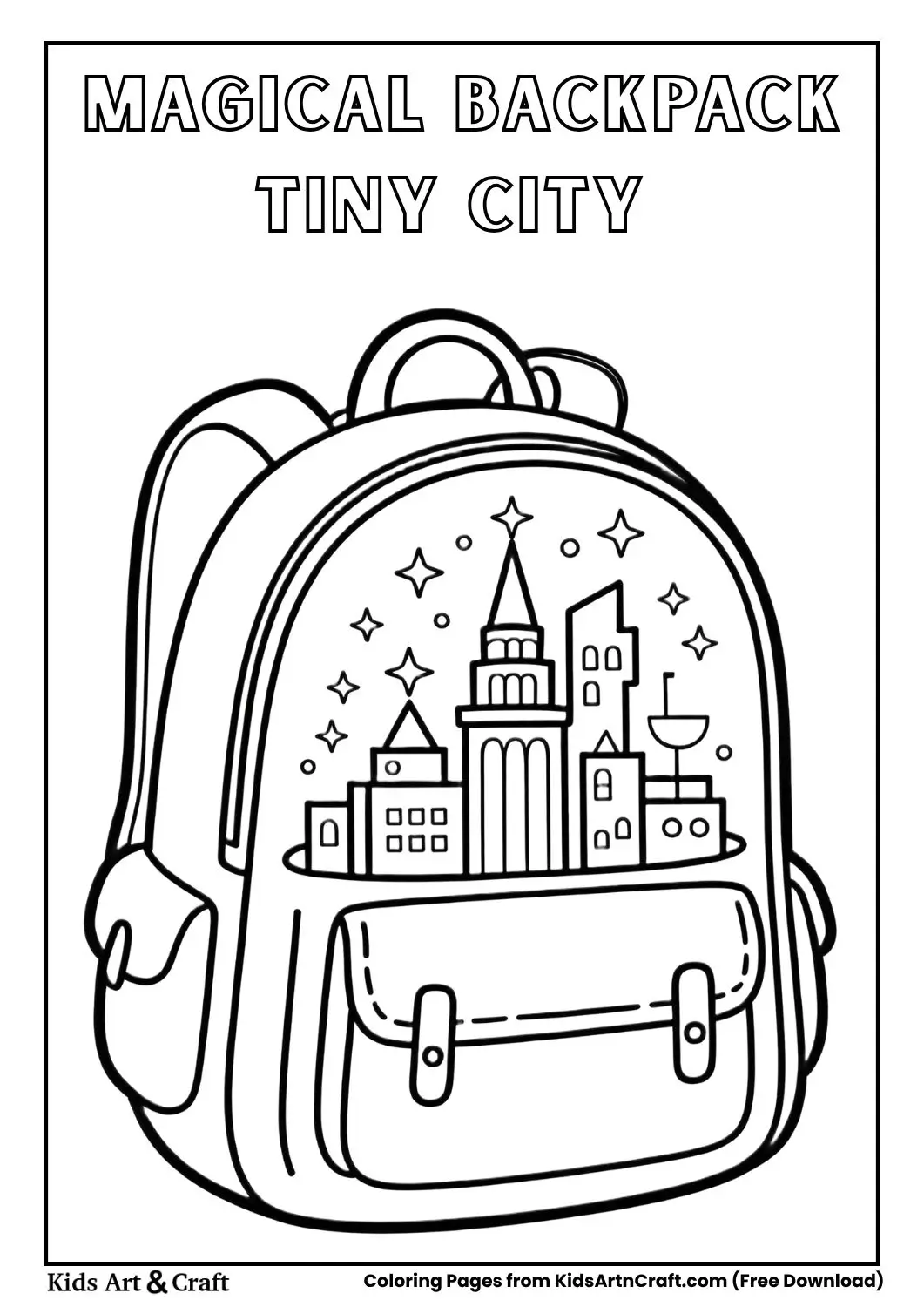 magical backpack with tiny city inside black and white coloring page