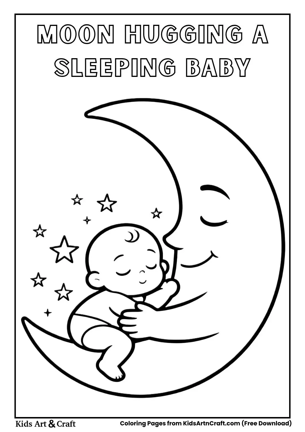 Moon hugging a sleeping baby soft dream coloring page for kids