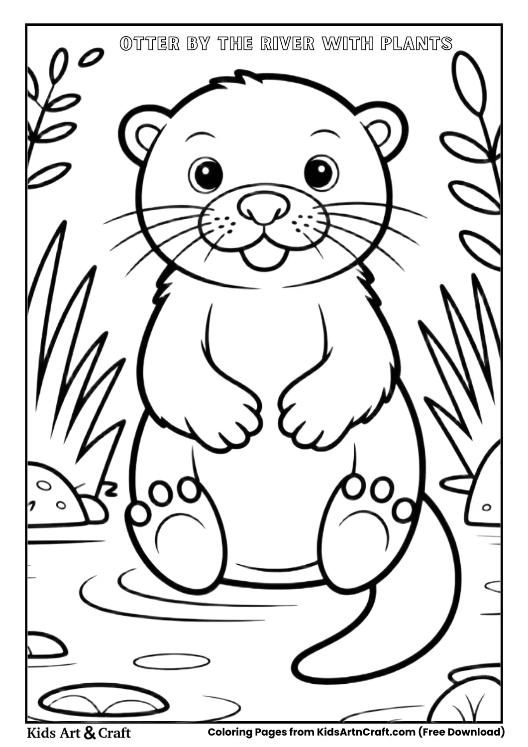 Otter sitting near river with plants and rocks simple black and white coloring page.