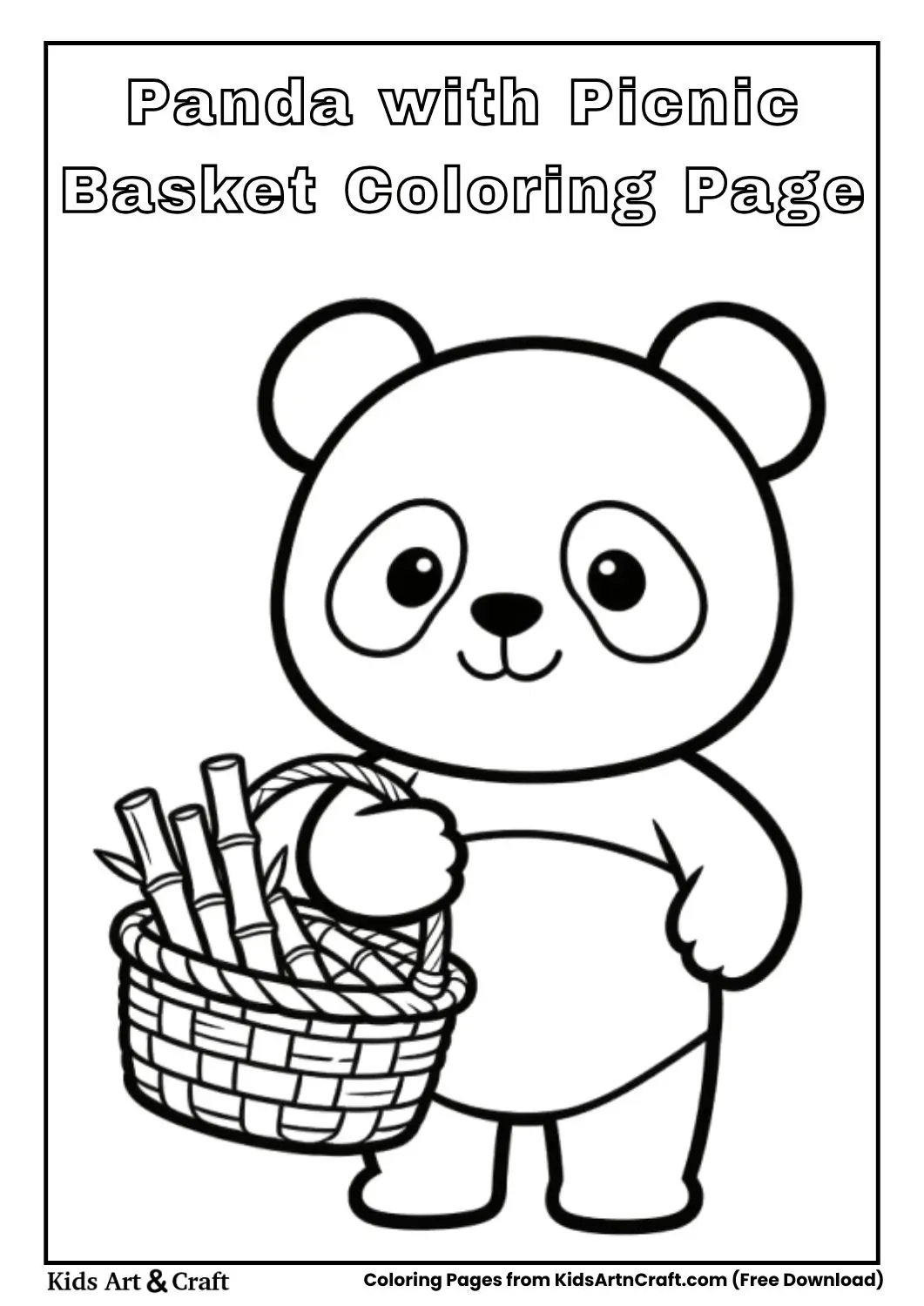 Cute panda holding picnic basket with bamboo, black and white line art