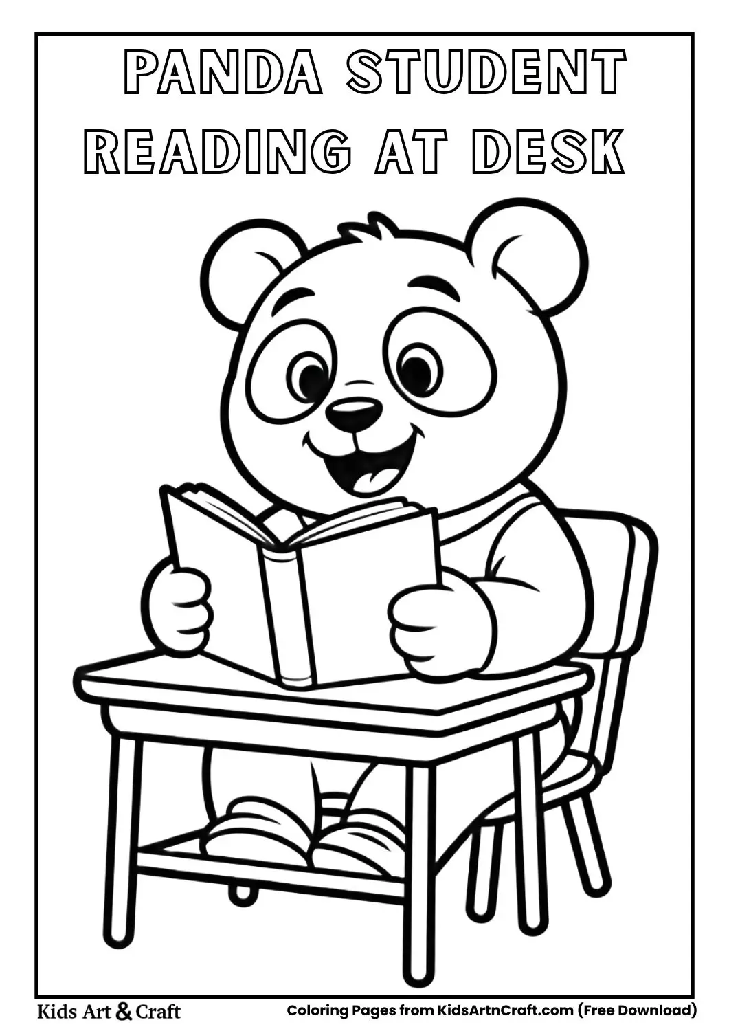 Cute panda student sitting at a school desk reading a book coloring page