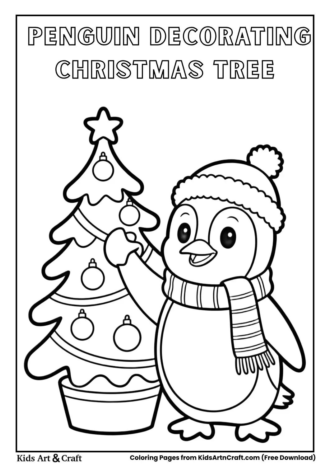 Cute penguin decorating snowy Christmas tree wearing scarf kids coloring page black and white