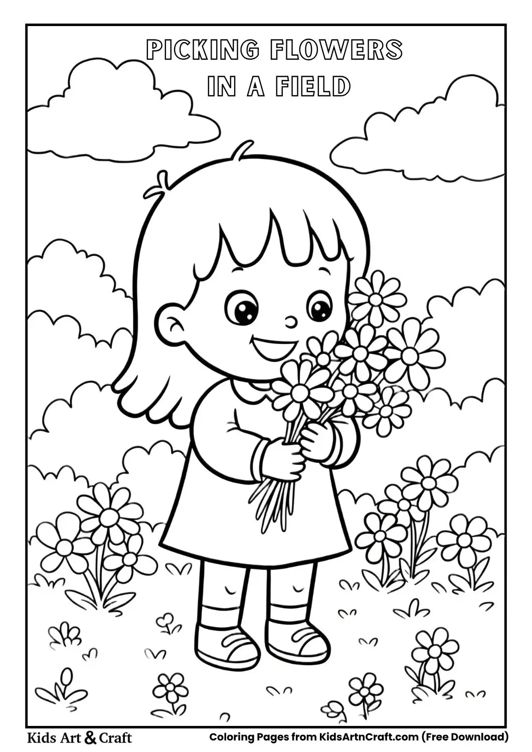 Child holding flowers in a field coloring page
